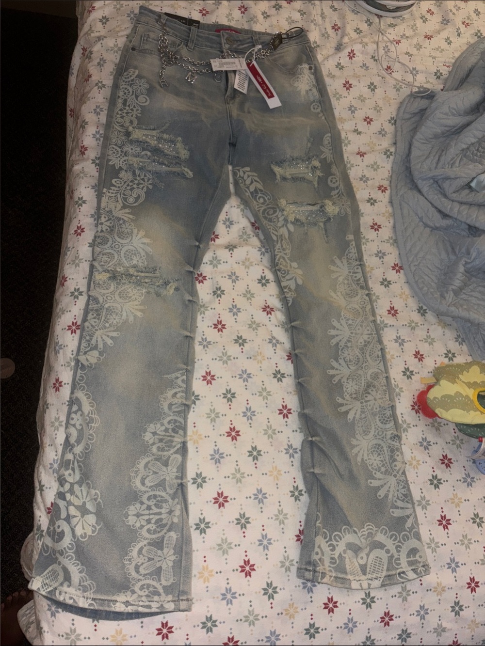 Light Blue Lace-Print Flare Jeans with Chain Accent